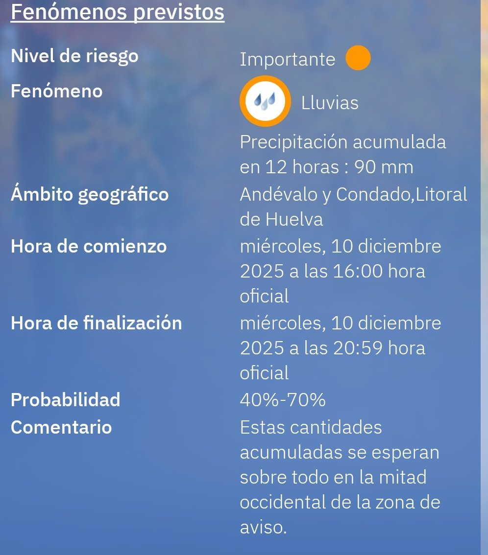 Meteohuelva's tweet photo. Un poco tarde pero se activa el AVISO NARANJA de RIESGO IMPORTANTE por posibles fuertes lluvias en el litoral de Huelva.

Se pueden recoger más de 90 mm en 12 horas y el activo estará vigente hasta las 21:00 h. Los mayores acumulados se darán en las zonas más occidentales de las comarcas.