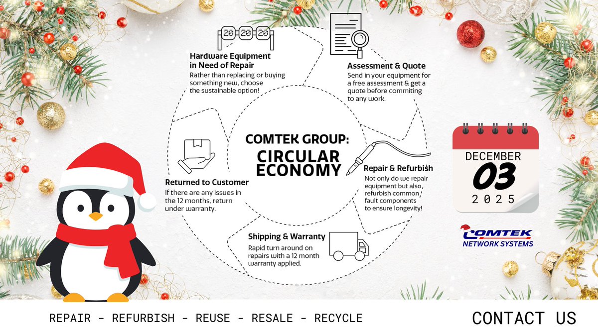 03
Choosing refurbished IT equipment can significantly cut your carbon footprint! Every reused device means reduced e-waste. Refurbished doesn’t mean second-best—it means smarter, greener, and cost-effective. comtek.co.uk

#Telecom #CircularEconomy #Christmas