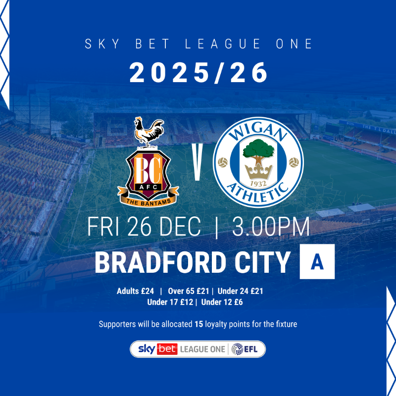 LaticsOfficial's tweet photo. 🎟️ Pay on the day is available at Bradford City, but with a price increase across all age categories. 

For the best value, buy your tickets by 3pm tomorrow! ⏱️

#wafc 🔵⚪️