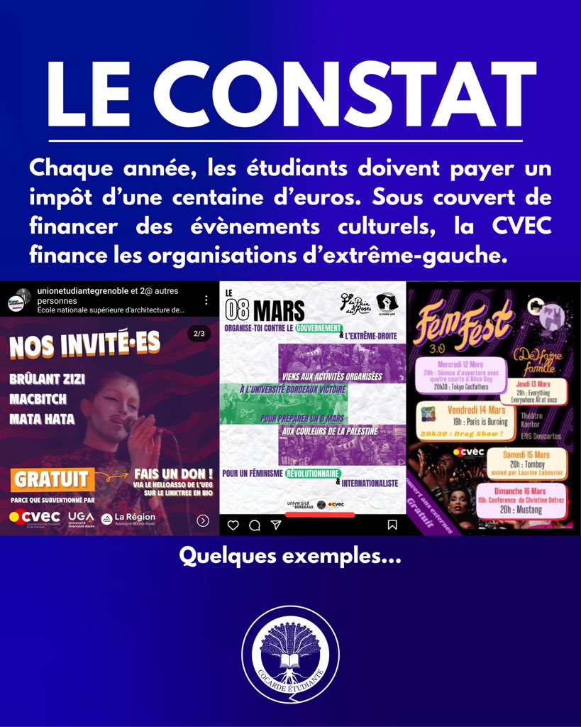 CocardeEtud's tweet photo. 💸 UNE AUTRE CVEC EST POSSIBLE ! 

Cet impôt étudiant, d’une centaine d’euros par an, finance le pire de l’extrême-gauche dans les universités. Réclamons sa diminution à 40€, sa transparence et son apolitisme ! 

Signez notre pétition :
➡️ https://t.co/mo2uhTN5Vf https://t.co/pnQSeG877f