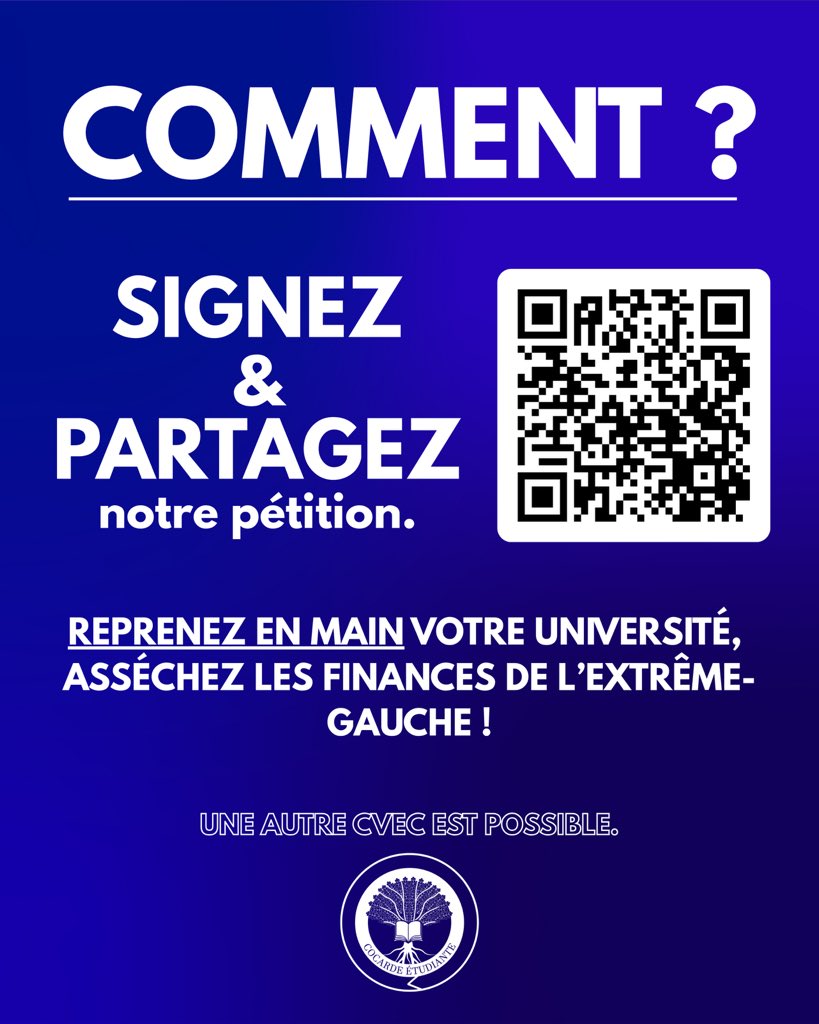 💸 UNE AUTRE CVEC EST POSSIBLE ! 

Cet impôt étudiant, d’une centaine d’euros par an, finance le pire de l’extrême-gauche dans les universités. Réclamons sa diminution à 40€, sa transparence et son apolitisme ! 

Signez notre pétition :
➡️ cocardeetudiante.com/pour_une_autre…