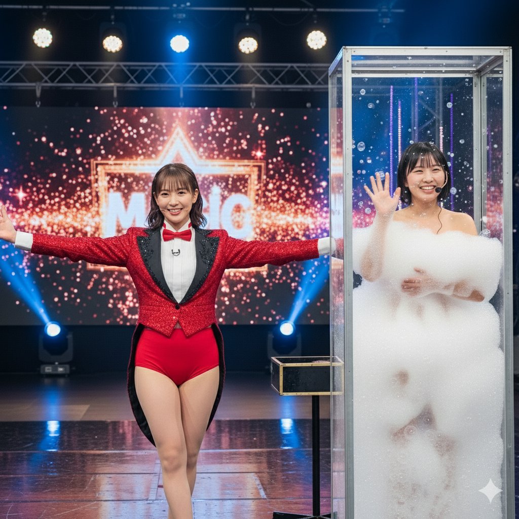 fantasybangumi's tweet photo. #AI生成空想テレビ番組
ナイトマジックショー
女性マジシャンシリーズ
失敗は許されないドキドキマジック
※全て作り話です ※全てAIで生成された画像です
#AIアート #AIphoto #Gemini #AI画像生成 https://t.co/mXFjW9oT2E
