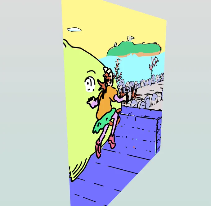 今日の3Dマンガ進捗:海の向こうの島を描いた。明日は深海に潜って魚に囲まれるコマを広げる #blender #nekobako #manga3d