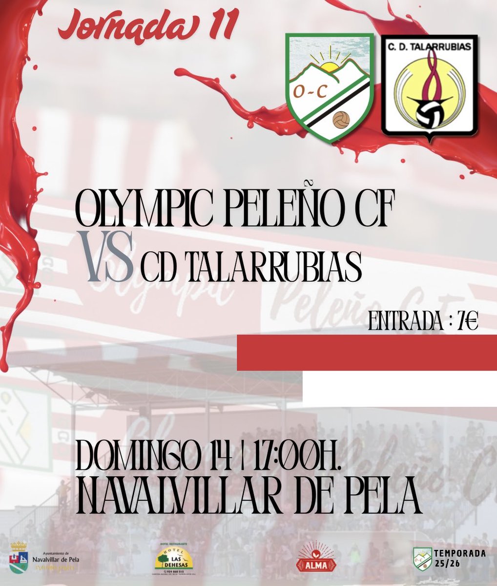 𝗣𝗔𝗥𝗧𝗜𝗗𝗢 | 𝗝𝗢𝗥𝗡𝗔𝗗𝗔 𝟭𝟭

🆚 <a href="/cdtalarrubias/">C.D. Talarrubias</a> 
📅 Domingo 14 de Diciembre 
⏰ 17:00h.
🏟️ Navalvillar de Pela