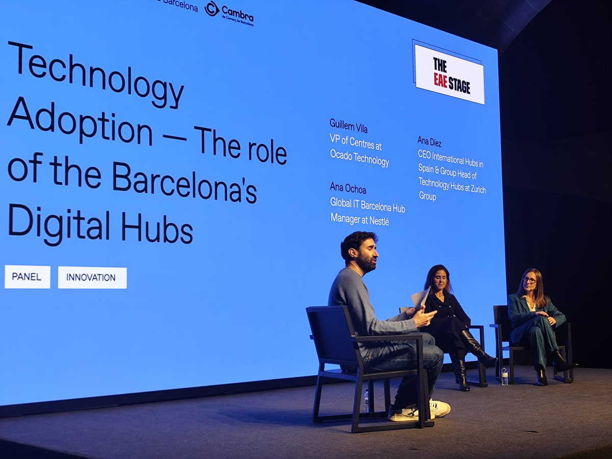 TechBarcelona's tweet photo. Technology Adoption – The role of the Barcelona’s Digital Hubs
Ana Ochoa (@Nestle_es) & Ana Díez (Zurich) explain why Barcelona is such an attractive location on the global innovation map.
- Moderated by Guillem Vila, VP of Centres at @OcadoTechnology
#TSB25