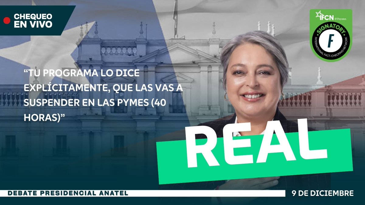 🔎#FactChecking | Jeannette Jara: “Tu programa lo dice explícitamente, que las vas a suspender en las pymes (40 horas)”: #Real   

Link acá👇
fastcheck.cl/2025/12/10/jea…
