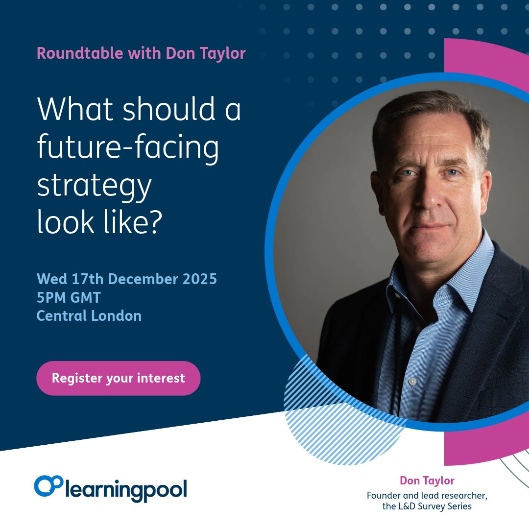 LearningPool's tweet image. What should a future-facing learning strategy look like? 🤔
Join Donald H. Taylor &amp;amp; senior L&amp;amp;D leaders for a private dinner roundtable — 17 Dec, Central London.

➡️ Request your invitation today (limited seats) - hubs.ly/Q03XFpcb0 

#LearningLeadership #WorkplaceLearning