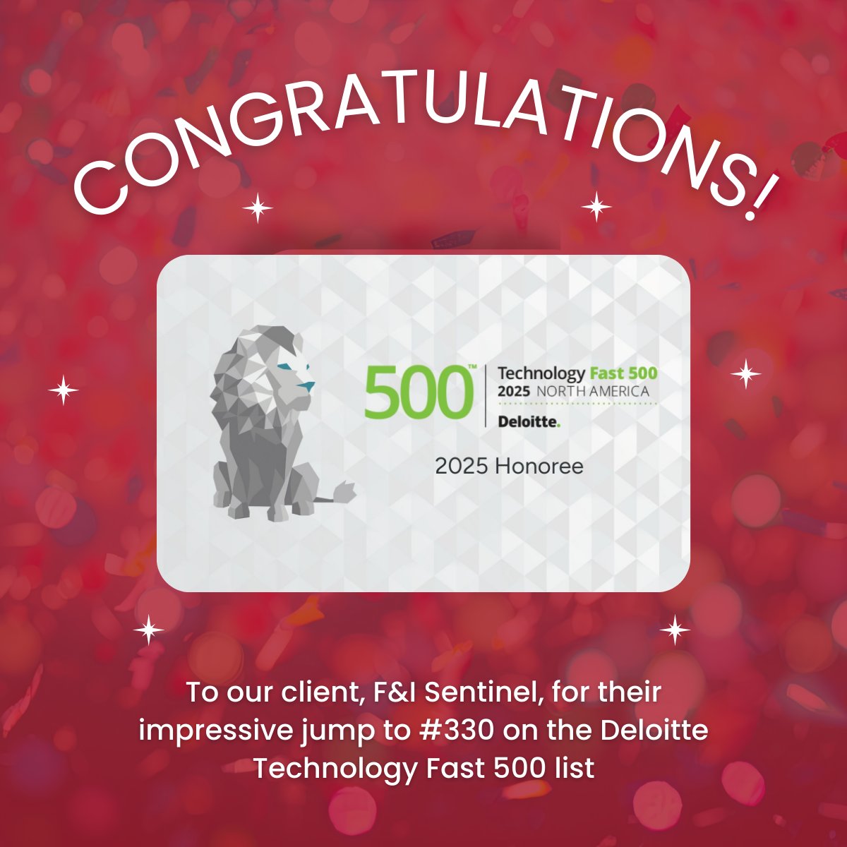 #ClientWin 🎉 celebrating <a href="/FandISentinel/">F&I Sentinel</a>'s jump to #330 on the <a href="/Deloitte/">Deloitte</a> Technology #Fast500 list — a well-earned recognition of their growth, innovation, and leadership in compliance-driven F&amp;I product intelligence.

Learn more: bit.ly/3KIaJ2n