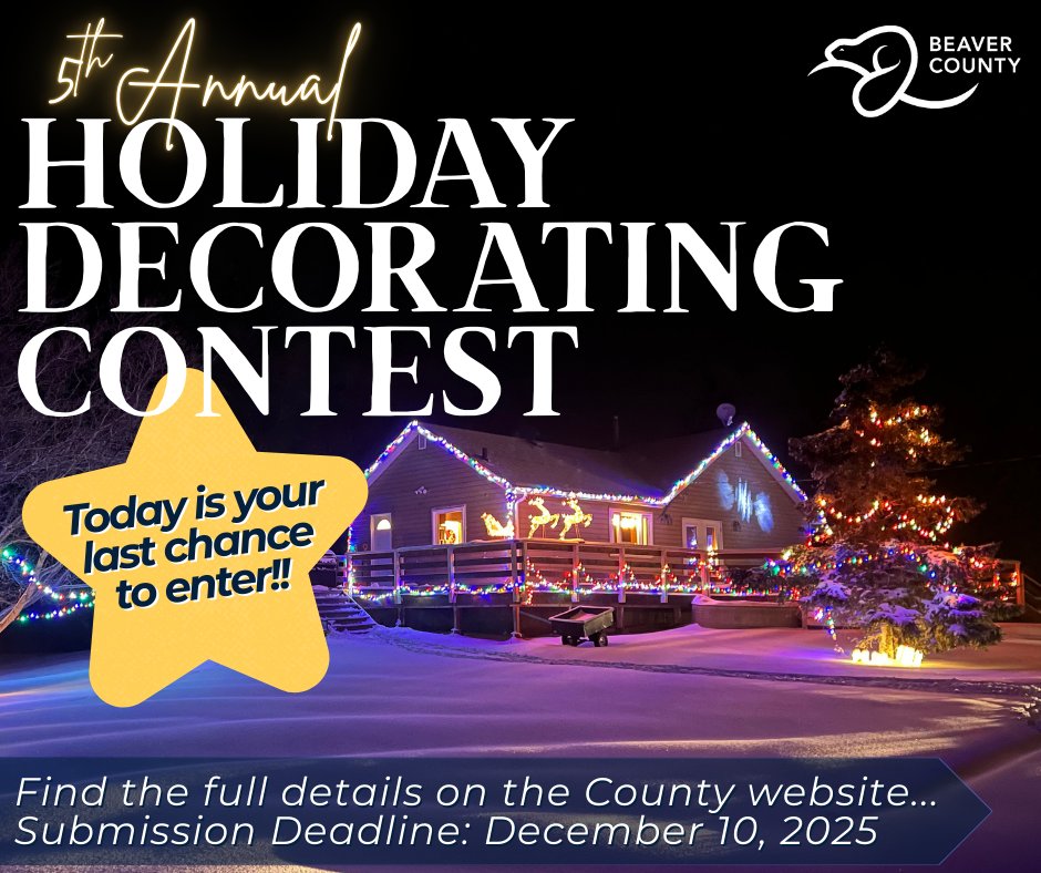 ❗LAST DAY TO ENTER❗
Whether it’s your own home, a neighbour’s masterpiece, your friend’s festive farmyard, or a business sleighing the décor game… all residents and companies are invited to join in.
Full details: loom.ly/lmidQvU

#BeaverCountyAB