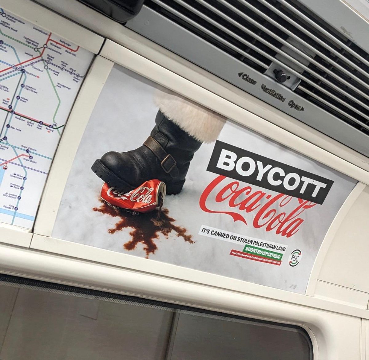 ‘Boycott Coca-Cola’ ads are now popping up across London’s Underground.

It’s honestly exhausting how every supposedly neutral public space gets hijacked by the Free Palestine crowd for yet another round of anti-Israel propaganda.

And for what? I suppose their goal is to shut