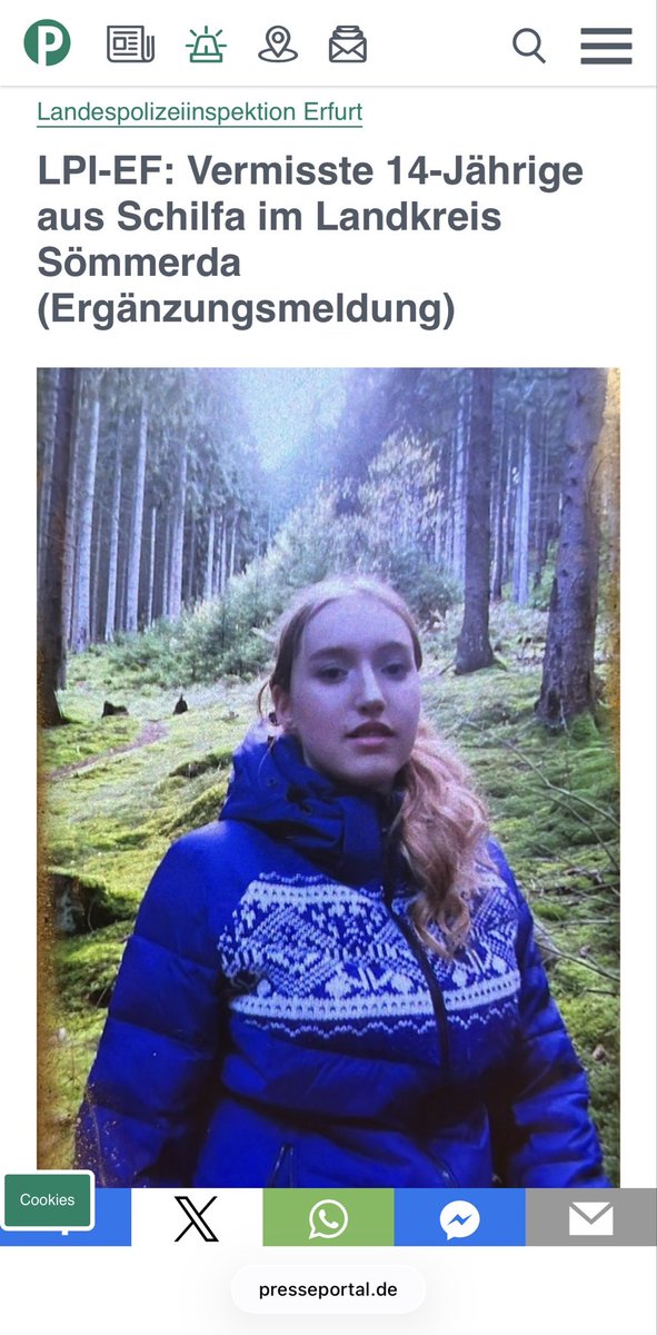 🚨Vermisstmeldung 14-Jähriges Mädchen. Bitte Reposten für Reichweite:

Die Polizei bittet um Deine Mithilfe.

Seit dem 09.12.2025, gegen 13:00 Uhr, wird eine 14-jährige Jugendliche aus Schilfa (Landkreis Sömmerda) vermisst. Sie wurde zuletzt am Erfurter Hauptbahnhof gesehen.

Die