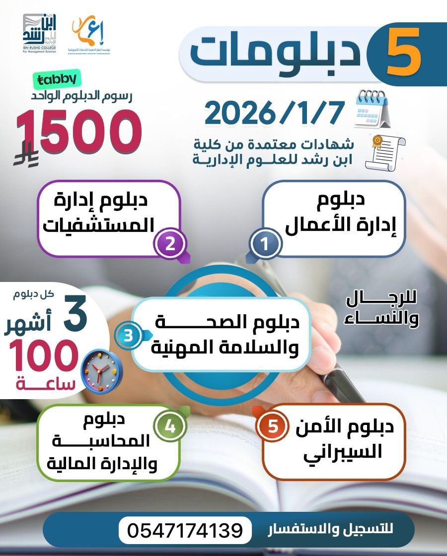 5 دبلومات معتمدة
🔹 دبلوم إدارة الأعمال
🔹 دبلوم المحاسبة والإدارة المالية
🔹 دبلوم إدارة المستشفيات
🔹 دبلوم الأمن السيبراني
🔹 دبلوم الصحة والسلامة المهنية

تاريخ البداية: 7 / 1 / 2026

🎓 شهادة معتمدة من كلية ابن رشد

للحجز والاستفسار:wa.me/966547174139