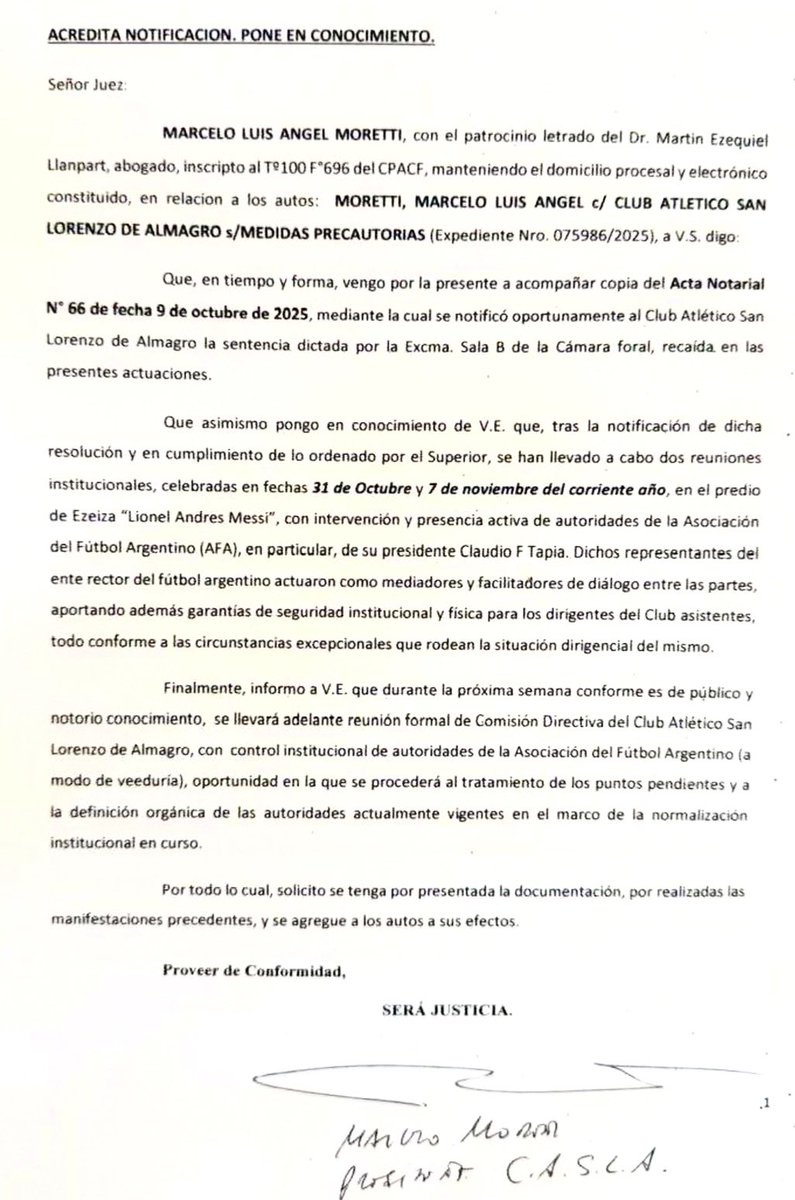 MarceCulotta's tweet photo. M.Moretti le miente al juzgado así.
Ante las presentación realizada en el exp. el 26/11, nos notificamos recién de la respuesta de @morettimarcelo del 29/11 al Juzgado 51 donde vuelve a incumplir; "la semana próxima (del 1/12) se llevará adelante la reunión de Com. Directiva de San Lorenzo..." 
El Juzgado 51 debe expedirse sobre todos los incumplimientos de M. Moretti y a esta altura, hasta por falso testimonio. 
Todo proceso tiene un inicio y un final 
Esperamos que el de este nefasto y cobarde Pte., después de tanto daño y perjuicio para el club, llegue de una vez, más temprano que tarde.