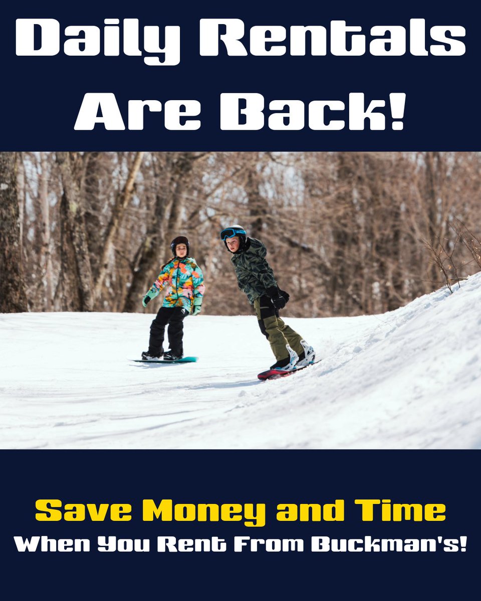 Daily rentals are back! Get your daily rentals at any of our seven area locations on your way to the mountain. Save money and time when you rent from Buckman’s Ski and Snowboard Shop!

buckmans.com/buckmans-ski-s…

#Buckmans #Rentals #WinterSports #Skiing #Snowboarding