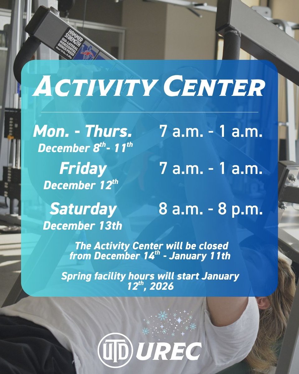 UTDUREC's tweet image. Hello, Comets!
The Activity Center will be closed starting December 14th and RCW will be closed from December 20th - January 4th. 

Spring hours for all facilities will start January 12th, 2026. (Spring SPN hours will start January 5th.)

#UTDallas #UTDUREC #YDoUrec #healthycomet