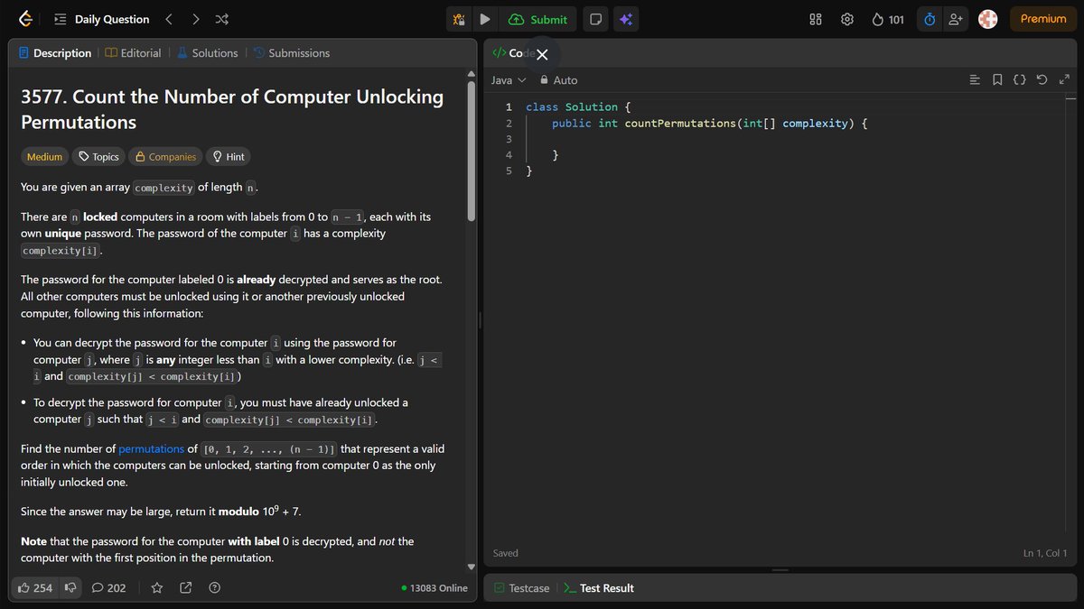 Aditya_Ch_20's tweet image. 💻 LeetCode Daily Challenge — Day 102! 🔥

Solved “Count the Number of Computer Unlocking Permutations” today.
A fun problem with constraints based on complexity ordering — 
#100DaysOfCode #LeetCode #CodingJourney #Java #DSA #DailyCoding