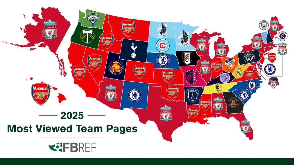 ellabrockway's tweet image. I enjoy @fbref's annual year in review maps. Second year in a row that the Spirit is the most viewed soccer team page in DC! 

I would also love to know more about the diehard *checks notes* Paris FC fan holding it down in *checks notes* Arkansas.