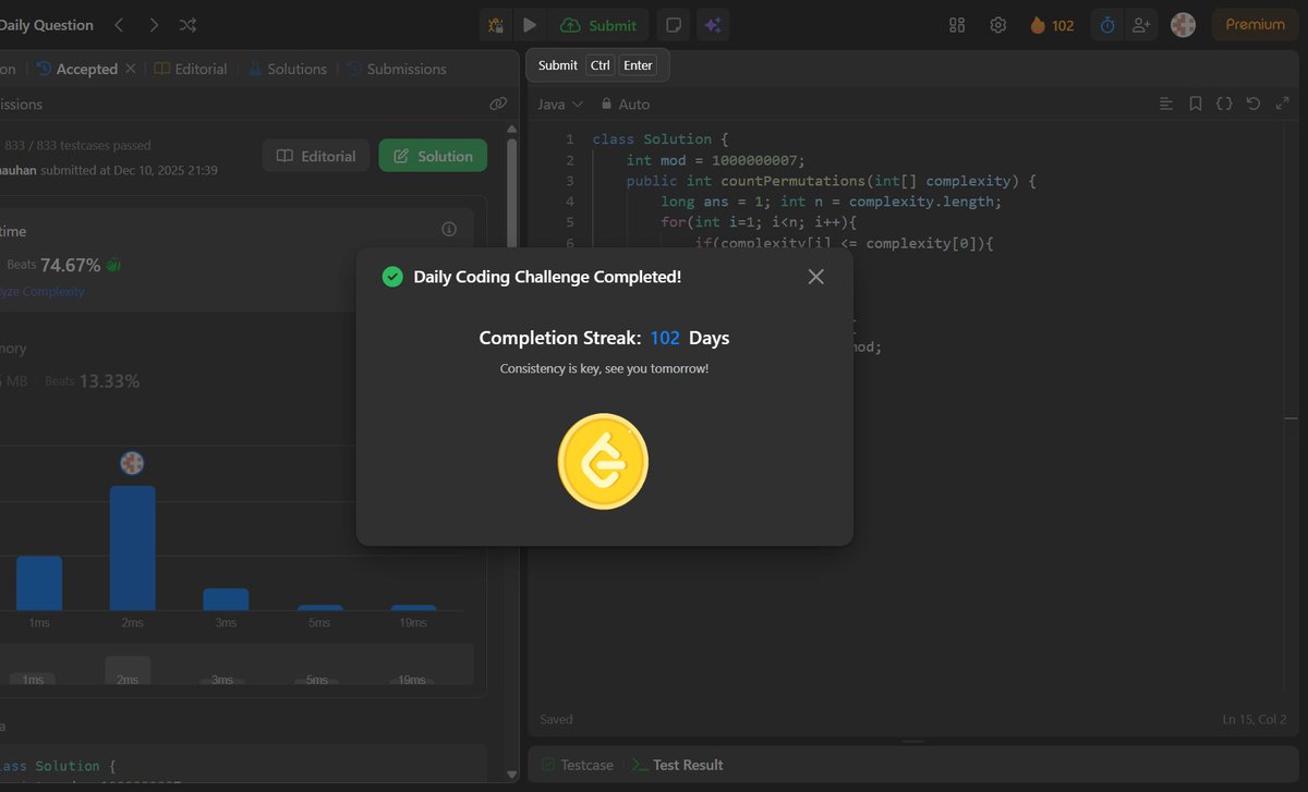 Aditya_Ch_20's tweet image. 💻 LeetCode Daily Challenge — Day 102! 🔥

Solved “Count the Number of Computer Unlocking Permutations” today.
A fun problem with constraints based on complexity ordering — 
#100DaysOfCode #LeetCode #CodingJourney #Java #DSA #DailyCoding
