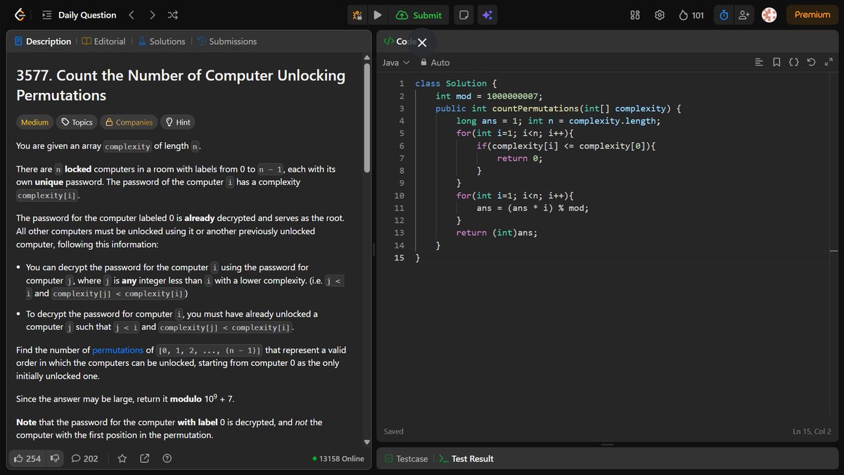 Aditya_Ch_20's tweet image. 💻 LeetCode Daily Challenge — Day 102! 🔥

Solved “Count the Number of Computer Unlocking Permutations” today.
A fun problem with constraints based on complexity ordering — 
#100DaysOfCode #LeetCode #CodingJourney #Java #DSA #DailyCoding