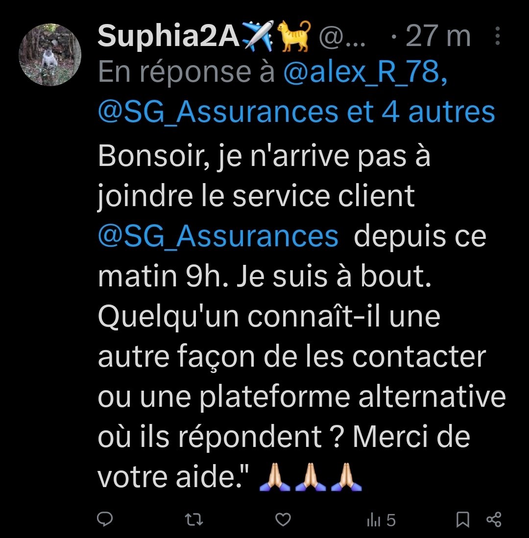 SofisoD's tweet photo. @SG_Assurances @Ph_Perret @SG_presse @SocieteGenerale @argusassurance @EvenementsARGUS @Boursorama À @Carapass_Assur, Bonsoir. Je souhaite modifier mon contrat d'assurance auto, mais il m'est impossible de vous joindre par vos canaux officiels depuis ce matin. Pouvez-vous m'indiquer comment procéder ou m'orienter vers le bon interlocuteur ? Merci de votre aide. https://t.co/So0zoUINMk