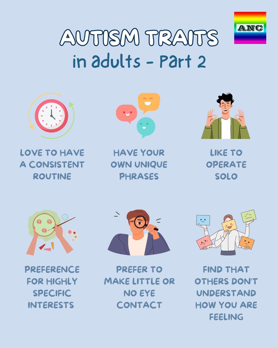 bubblecreati0ns's tweet photo. Autism traits in adults - part 2 💙

Every autistic individual is unique so not every trait will be relatable but here are some more of the most common autistic traits in adults 🙌

#autism #actuallyautistic https://t.co/GyUVKDKiJt