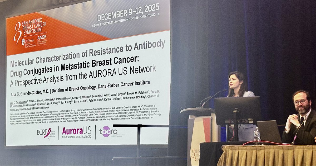 TheTBCRC's tweet photo. Dr. Garrido-Castro discussed mechanisms of ADC resistance identified from the @TheTBCRC AURORA-US dataset, including novel MED12 LoF mechanism. HER2 loss happened after HER2 ADC, but not TROP2 loss post TROP2 ADC. #SABCS25 https://t.co/yNQzIGdmxt