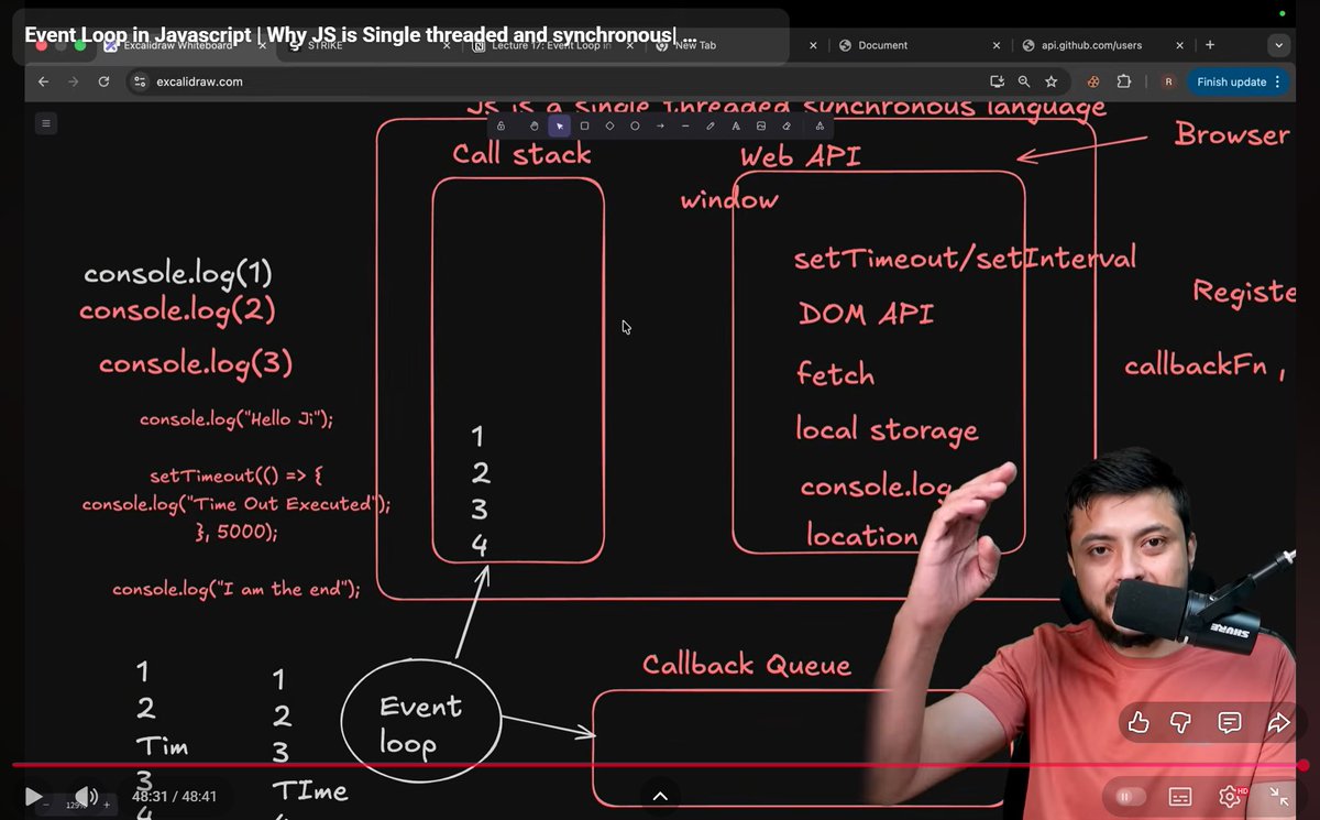 gauravp012's tweet photo. Day 32: Mastered the Event Loop 🌀

✅ JS is single-threaded &amp; synchronous
✅ Web APIs(browsers) handle async tasks
✅ Event loop schedules callbacks
✅ Task vs microtask queue priority
Game-changer! Thanks @rohit_negi9 bhaiya 🙌
#WebDevJourney #JavaScript #EventLoop #CoderArmy https://t.co/fX4EkmaLpf