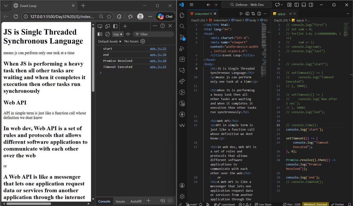 gauravp012's tweet photo. Day 32: Mastered the Event Loop 🌀

✅ JS is single-threaded &amp; synchronous
✅ Web APIs(browsers) handle async tasks
✅ Event loop schedules callbacks
✅ Task vs microtask queue priority
Game-changer! Thanks @rohit_negi9 bhaiya 🙌
#WebDevJourney #JavaScript #EventLoop #CoderArmy https://t.co/fX4EkmaLpf