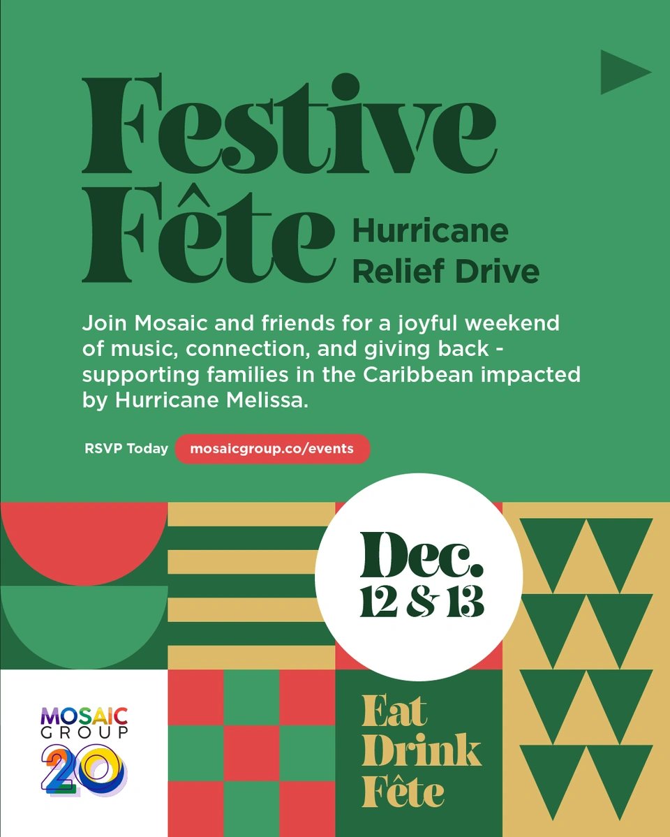TheMosaicGroup's tweet photo. Fête with a purpose. Give with heart.⁠ ⁠ Join Mosaic for a weekend of joy and generosity, supporting Caribbean families impacted by Hurricane Melissa.⁠ ⁠ 

Ft. Lauderdale – Dec. 12 | 2–7 PM⁠ 
West Palm Beach – Dec. 13 | 10AM–5PM⁠
Register Here: https://t.co/r1Yp88LWYX https://t.co/UY2ecGmo7D