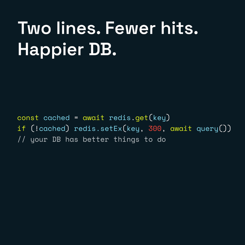 Redisinc's tweet photo. Cache-aside reduces database load. Redis makes it a two-line change.