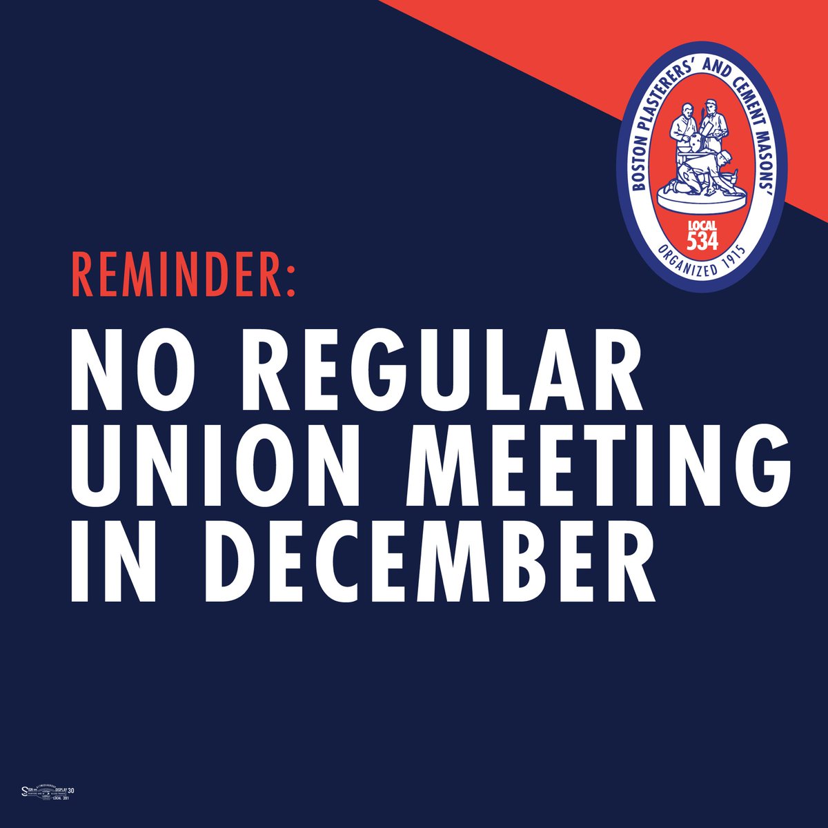🚨 REMINDER 🚨

There will be NO regular union meeting in December.

We are looking forward to first regular union meeting of the new year, which will take place on Saturday, January 24, 2026 at 8:00 AM. The full 2026 meeting schedule can be found here: bostonlocal534.org/2026-union-mee….