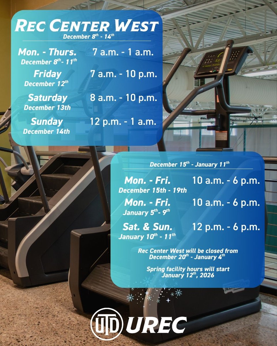 UTDUREC's tweet image. Hello, Comets!
The Activity Center will be closed starting December 14th and RCW will be closed from December 20th - January 4th. 

Spring hours for all facilities will start January 12th, 2026. (Spring SPN hours will start January 5th.)

#UTDallas #UTDUREC #YDoUrec #healthycomet