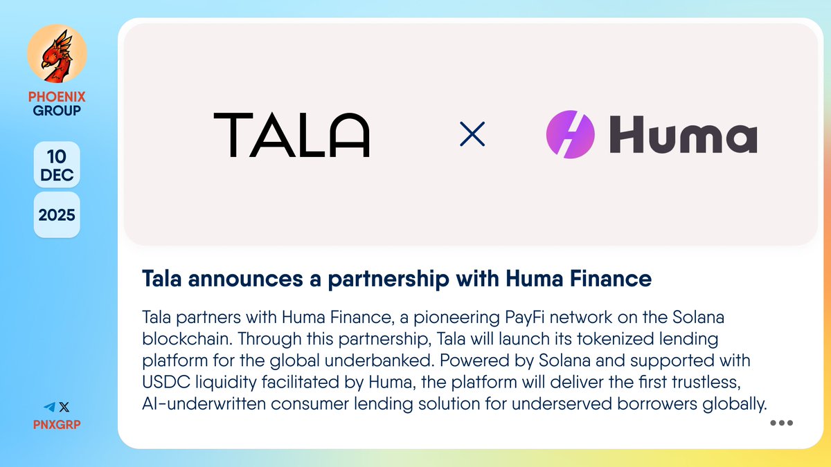 pnxgrp's tweet image. 🤝 @Talamobile announces a partnership with @HumaFinance

#Tala partners with #HumaFinance, a pioneering #PayFi network on the #Solana blockchain. Through this partnership, Tala will launch its tokenized lending platform for the global underbanked. Powered by Solana and supported