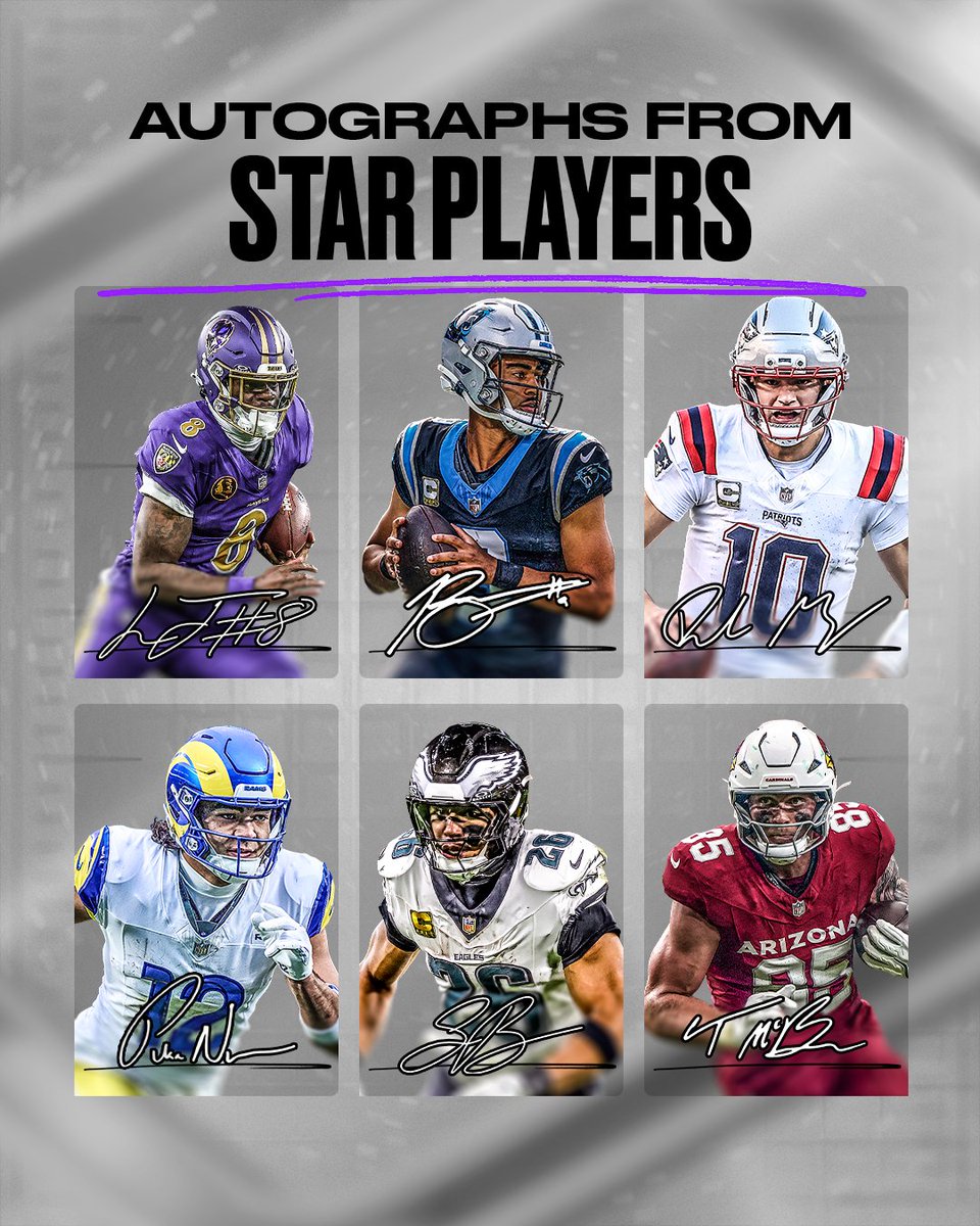 NFLALLDAY's tweet image. Chasing grails? They’re in packs Thursday for a limited time ⏰

Pull /15 &amp;amp; /25 Signature Editions from Saquon Barkley, Lamar Jackson, Puka Nacua, Bryce Young, Trey McBride, Drake Maye, and more elite playmakers.

These won’t last long. 💎✍️