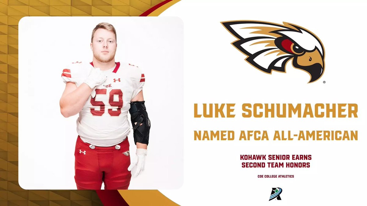 CoeAthletics's tweet image. Luke Schumacher named AFCA Second Team All-American.

@KohawksFootball @WeAreAFCA 
📰tinyurl.com/39bmzj24

#KohawkNation