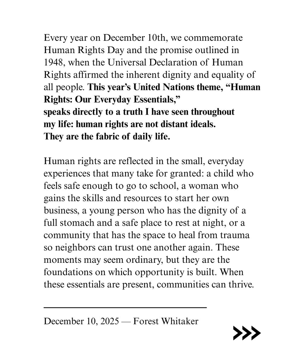 connectWPDI's tweet photo. In his #HumanRightsDay reflections, WPDI Founder and CEO, @ForestWhitaker reminds us that human rights are carried in the steady moments that make life whole. This is the meaning of “Our Everyday Essentials.”

Read more: 
https://t.co/zlTwzDqvhk https://t.co/oEhnntckHn