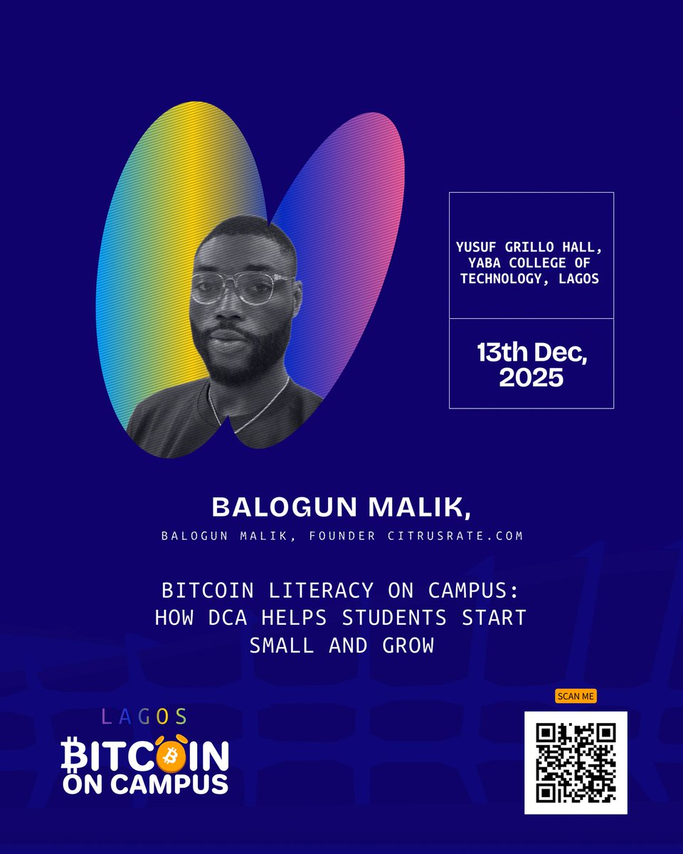 BitcoinOnCampus's tweet photo. Meet Balogun Malik @malkrite , Founder of CitrusRate at Bitcoin On Campus Lagos.
He’ll be sharing practical insights on how students can smartly start their Bitcoin journey using DCA (Dollar-Cost Averaging)
#BitcoinOnCampus #LagosEdition #DesafioDelSigloXXI iPayBTC https://t.co/qOwaU2yncg