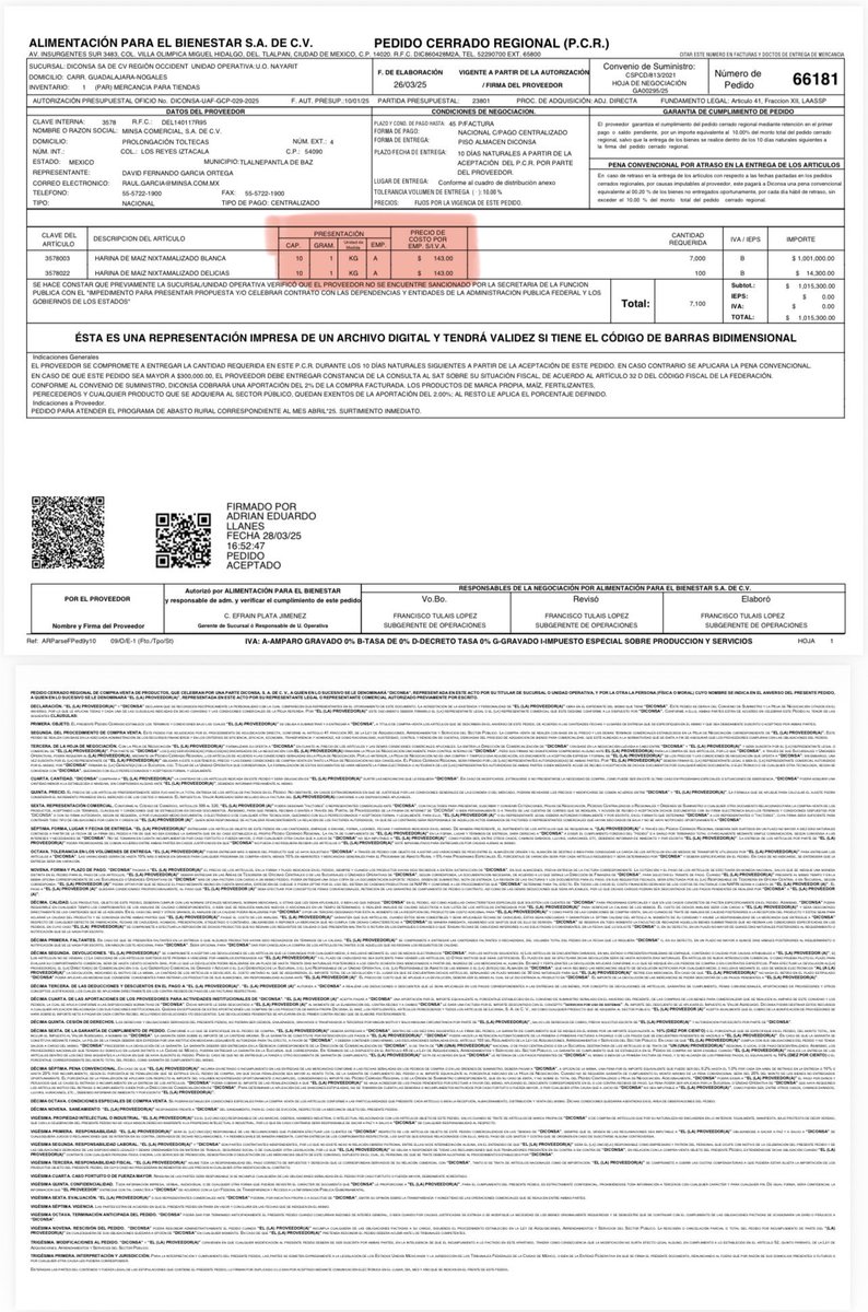 HernanGomezB's tweet photo. Aprender a leer contratos completos hará que no digas mentiras. El precio de $148.00 es por fardo (un empaque de 10 paquetes de 1 kg). Con ello, el precio por kilogramo es de 14.80, según se desprende del propio contrato PCR-452/66181. Muy por debajo de los 20 pesos por kilo que mencionas como referencia. Ojalá tengas la honestidad intelectual de reconocer tu error, sino es que tu mala fe.