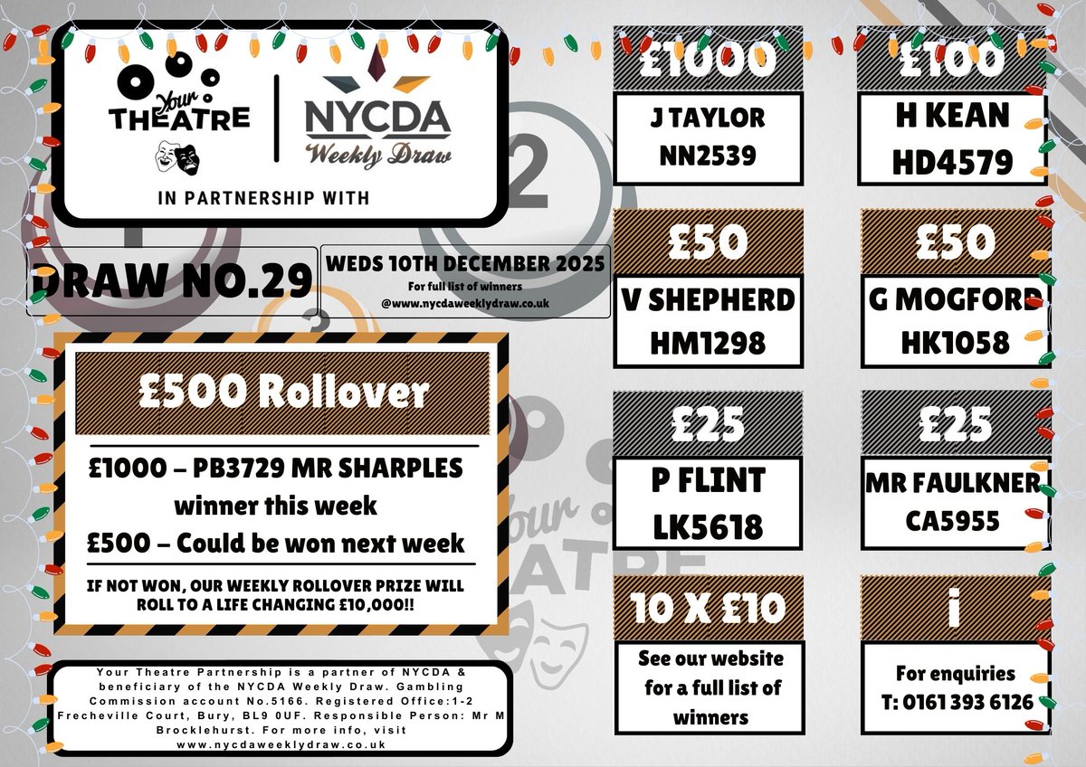 Winners info for Week 29                
Starting at £1 per week to play &amp; you could be the winner of thousands of pounds worth of prizes whilst supporting local theatre near you!                      

JOIN NOW - to play the weekly draw click: portal.fastpayltd.co.uk/signup/persona…