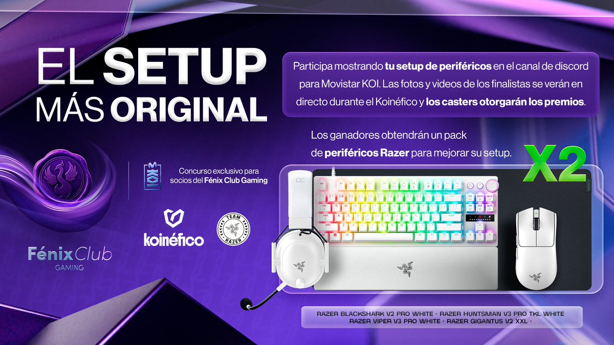 🚨 CONCURSO PARA SOCIOS 🚨

Mándanos tu setup al canal Discord de Movistar KOI y podrás ganar un pack completo de periféricos Razer nuevos.
Los más originales los veremos y puntuaremos este sábado en directo en el KOINÉFICO. (no mandéis setups pochos de internet que nos