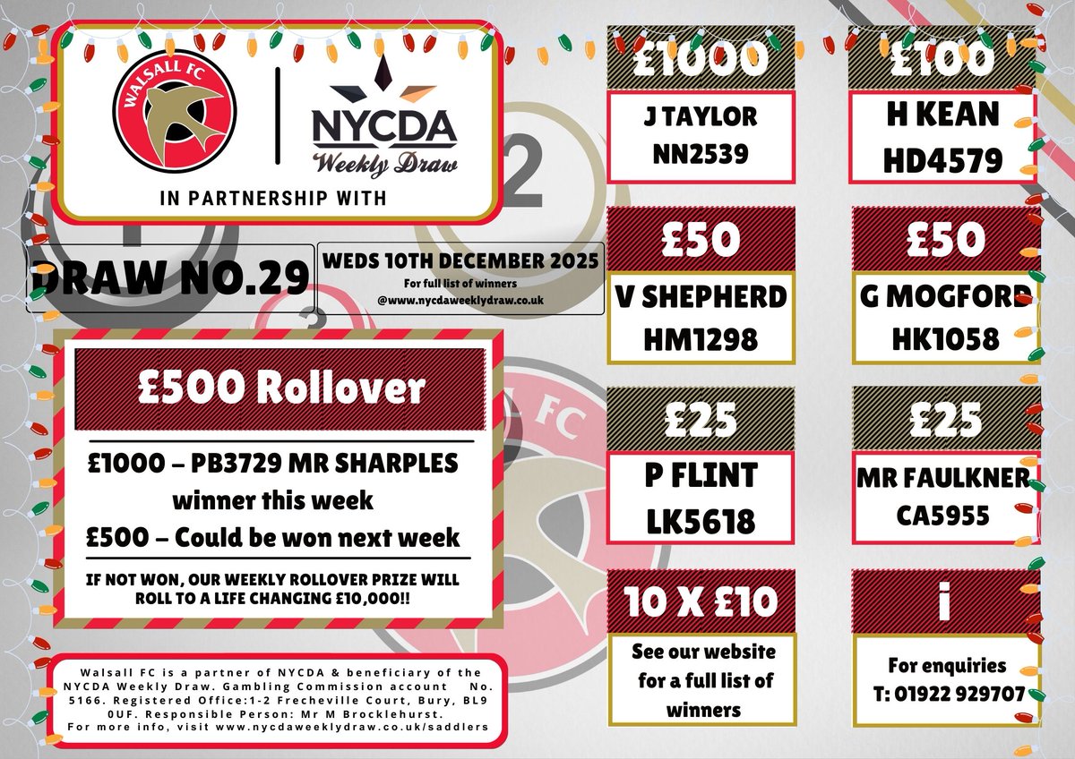 Did you win? -  Week 29 info below!
For £1 per week, you could win cash prizes with proceeds supporting <a href="/WFCOfficial/">Walsall FC</a> youth player development &amp; match day experience improvements                                

Check out here for more info: nycdaweeklydraw.co.uk/saddlers/join.…