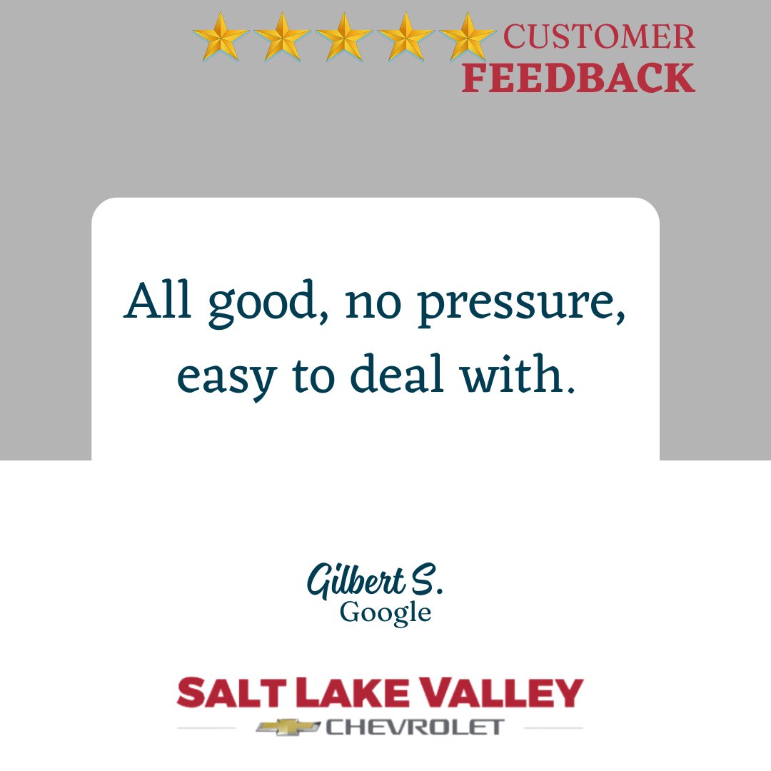 SLVChevy's tweet image. Thank you for your wonderful review, Gilbert! We're thrilled to hear that you had a positive experience at Salt Lake Valley Chevrolet. Our team strives to make the car-buying process easy and enjoyable. We look forward to assisting you again in the future!