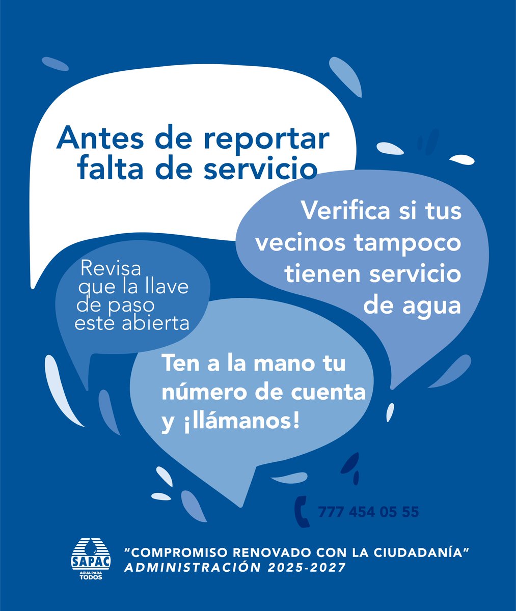 📢💦Reporta falta de servicio al:
📲WhatsApp: 7779382681
🕗L-V 8-16hrs
📞📲Tel: 7774540555
🕗L-V 8-17hrs 🕤Sábados 9-14 hrs

#Cuernavaca #SAPACAguaParaTodos