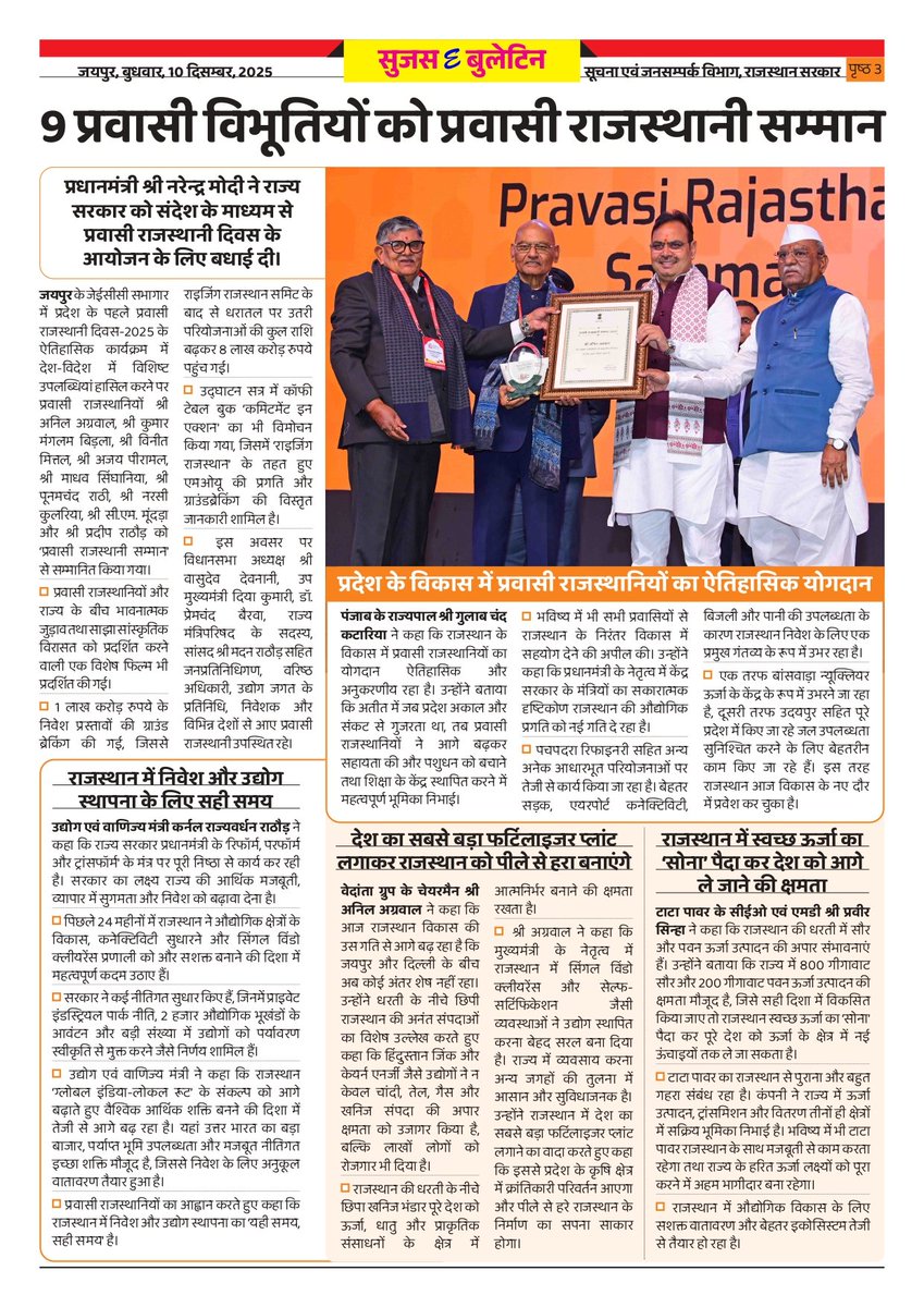 DIPRRajasthan's tweet photo. सुजस ई बुलेटिन 
10 दिसंबर, 2025

- प्रवासी राजस्थानी दिवस-2025 का भव्य उद्घाटनः जयपुर वैश्विक महाकुंभ बना

- प्रवासी राजस्थानी खुशहाल और आधुनिक राजस्थान के निर्माण में सहभागी बनेंः मुख्यमंत्री

- 9 प्रवासी विभूतियों को प्रवासी राजस्थानी सम्मान

- राजस्थान से गुजरेगा देश के एनर्जी सेक्टर का सुपर हाईवे

- राज्यपाल श्री हरिभाऊ बागडे ने 'प्रगति पथ' प्रदर्शनी का उद्घाटन किया

@BhajanlalBjp @KumariDiya @DrPremBairwa @RajCMO @RajGovOfficial @biprajasthan @RajFound

#DIPRRajasthan #Rajasthan #rajasthannews #आपणो_अग्रणी_राजस्थान  #RisingRajasthan #PravasiRajasthaniDivas
