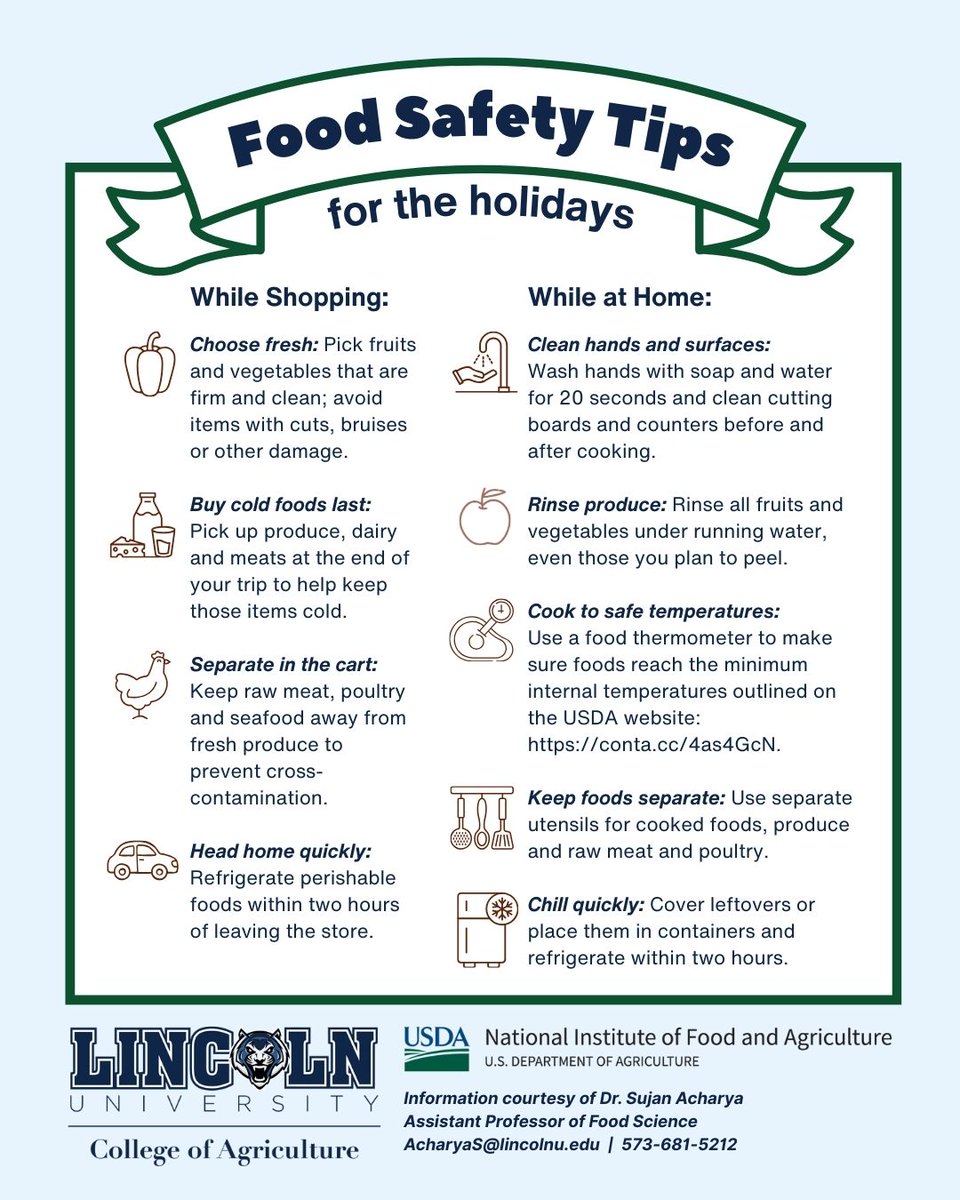 LU_CollegeofAg's tweet photo. ✨ The holidays are here—and so are all the delicious meals that come with them! To help keep your celebrations safe and stress-free, we’re sharing some simple food safety tips for both the grocery store and your kitchen. 🦃🍽️

#LUMO #LUCAEHS #FoodSafety @USDA_NIFA https://t.co/jUSsP6CqQR