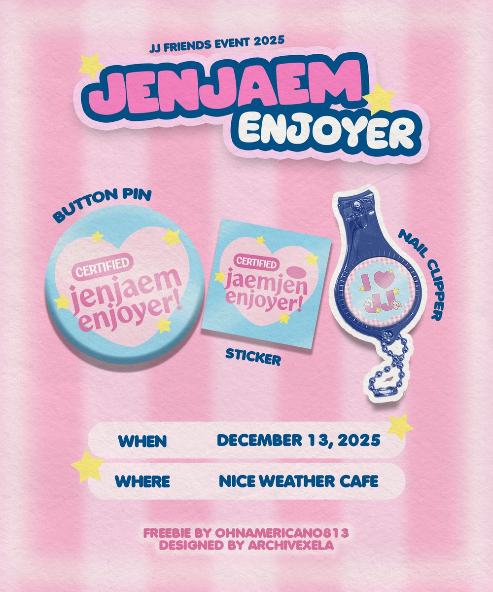 's tweet image. Hello JJ friends will giveaway nailclippers, stickers and button pins on saturday 🥹 see you! 🩵🩷