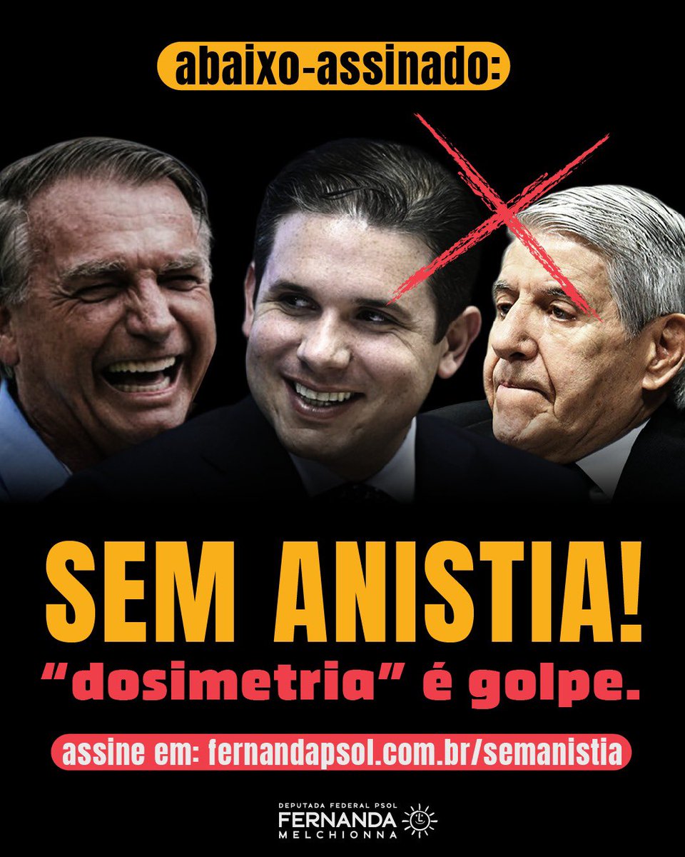 ASSINE: Sem anistia! O Projeto da “Dosimetria” é um presente para a bandidagem. fernandapsol.com.br/semanistia/

O Projeto de anistia, ou “dosimetria”, aprovado na Câmara dos deputados por uma negociata entre extrema direita e centrão, é um presente de natal para os criminosos e uma