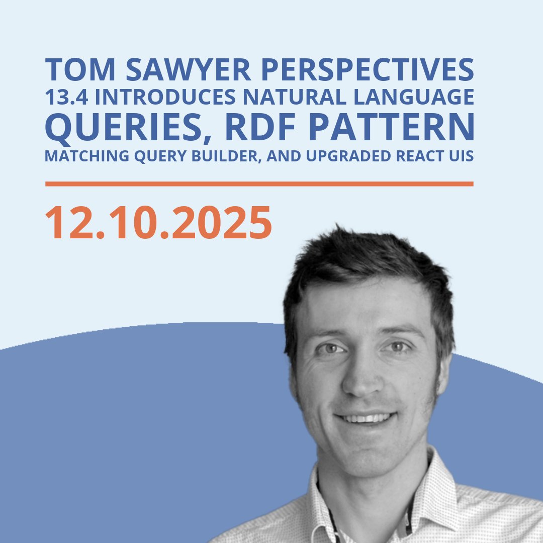 TSawyerSoftware's tweet image. 🌟 Join us LIVE TODAY - Discover the cutting-edge features of Tom Sawyer Perspectives 13.4, including Natural Language Queries, RDF pattern matching query builder, performance boost, and more. Don&apos;t miss out—register now! 👉 bit.ly/4avf6Z7  #GraphVisualization…