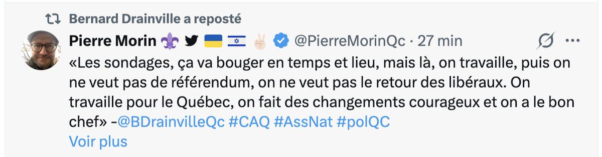 Y'a <a href="/BDrainvilleQc/">Bernard Drainville</a> qui retweet  Élodie Gagnon-Martin qui vante Bernard Drainville...
(Pas le choix de la capture d'écran, Élodie m'a bloqué(e))
#polqc