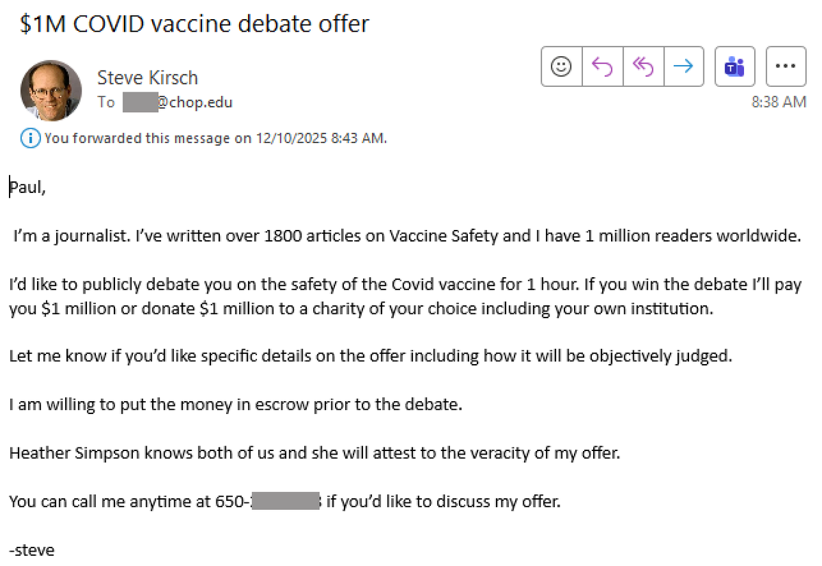 Breaking: I just sent this $1M offer to <a href="/DrPaulOffit/">Paul Offit</a> to have a public discussion on COVID vaccine safety. Please repost.